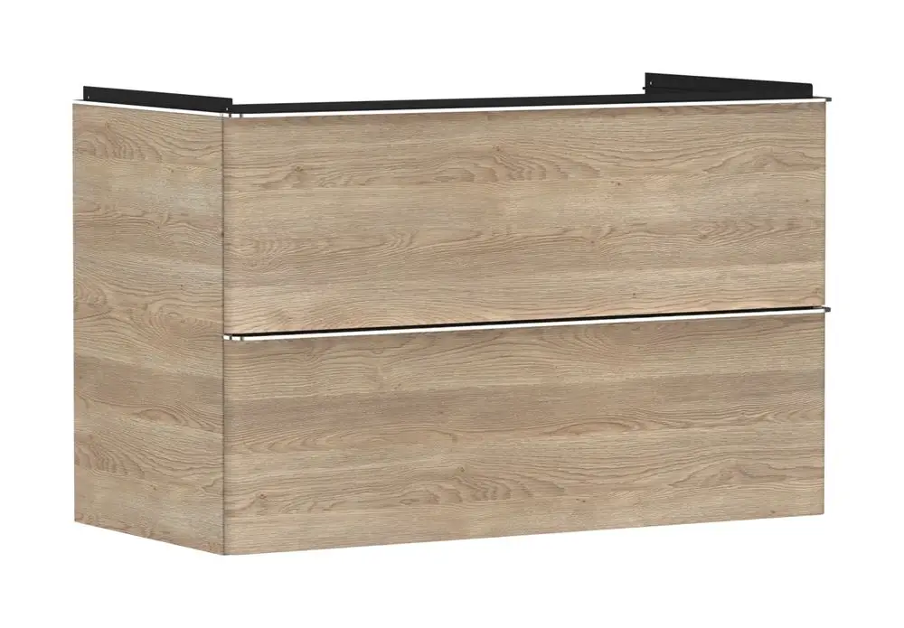 Waschtischunterschrank in Holzoptik von Hansgrohe mit zwei Schubkästen. Die Oberflächen wirken natürlich und die Konstruktion ist funktional. Ideal für Badezimmer.